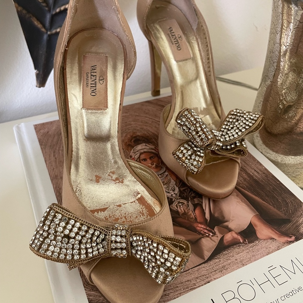 Valentino Crystal Bow Satin Heels